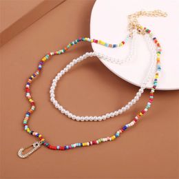 2 Pcs/Set Boho Handmade Multicolor Beaded Chain Pin Pendants Long Necklaces For Women Fashion White Pearl Necklace Jewellery Gift