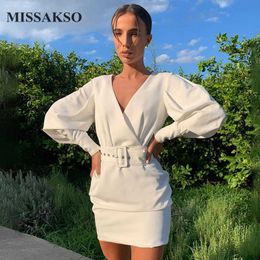 Missakso Sexy Puff Sleeve Mini Dress Sashes Tied Club Fashion Female Sheath V Neck Party Autumn Women White Dress 210625