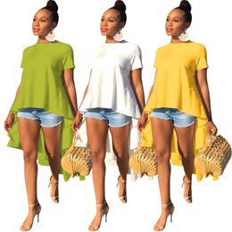 ladies white short sleeve ruffle blouse Canada - Women's Blouses & Shirts Tops Ruffles Short Sleeve Round Neck Green White Yellow Color Sexy Casual Asymmetric Shirt For Ladies