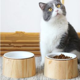 New High-end Pet Bowl Bamboo Shelf Ceramic Cat Bowl Feeding and Drinking Bowls for Dogs Cats Pet Feeder Bowls Y200922