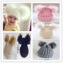 Newborn Baby Hats For Boy Girls Winter Hat Warm Cotton Knit Beanie Hat Furry Balls Pompom Solid Color Cute Elastic Baby Girl Cap Y21111