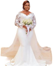 Plus Size Aso Ebi Boho Wedding Dress 2022 White African Mermaid Wedding Dresses With Lace Long Sleeve Beach Garden Bridal Gowns So201M