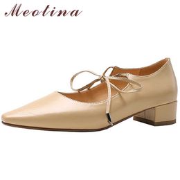 Meotina Med Heels Genuine Leather Square Toe Mary Janes Shoes Women Pumps Lace Up Thick Heel Ladies Footwear Spring Beige 210608