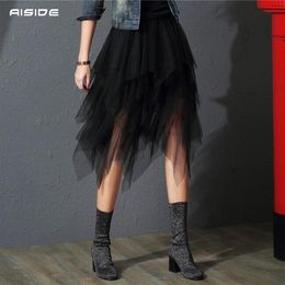 Tulle Skirts Womens Irregular Fashion Korean Elastic High Waist Mesh Tutu Skirt Sexy Pleated Long Midi for Women W220314