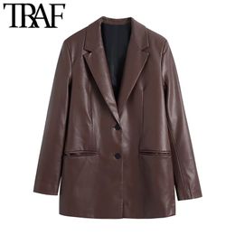 TRAF Women Fashion Faux Leather Blazer Coat Vintage Long Sleeve Welt Pockets Female Outerwear Chic Veste Femme 211122