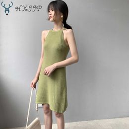 HXJJP Women Strapless Dress Korean Light Mature Knitting Sleeveless Casual Spring Winter Solid Mini 210607