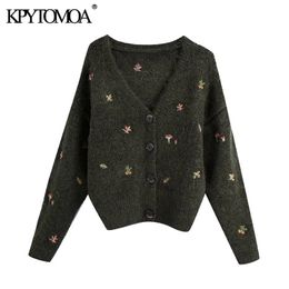 KPYTOMOA Women Fashion Floral Embroidery Knitted Cardigan Sweater Vintage Long Sleeve Button-up Female Outerwear Chic Tops 210917