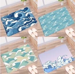 Bath Mats Blue Ocean Wave Bathroom Mat Geometric Texture Spray Pattern Non-Slip Rug Flannel Floor Decor Toilet Kitchen Doorway Carpet