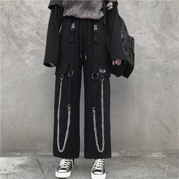 QWEEK Gothic Harajuku Cargo Pants Women Punk Chain Wide Leg Korean Style Oversized Streetwear Trousers Female Techwear Emo 211216