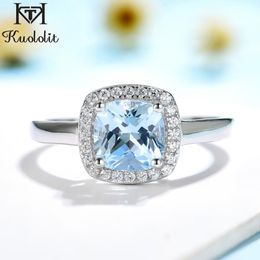 ring aquamarine UK - Cluster Rings Kuololit 925 Sterling Silver Aquamarine Gemstone Women's Ring Luxury Wedding Wholesale Jewelry For Christmas Party