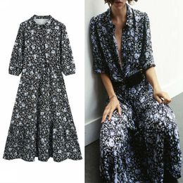 Floral Print Long Autumn Za Dress Women Adjustable Drawstring Waist Vintage Midi Dress Female Flounce Hem Elegant Dresses 210602