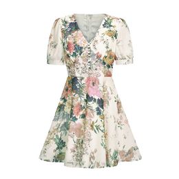 PERHAPS U White Floral Print Short Sleeve Mini Dress V Neck Button Summer Women Female D1774 210529