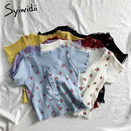 Syiwidii Y2k Knitted Cardigan Crop Top Sweater Woman Lace Flower Print Summer Cropped Tanks Colorful Tee White Red Blue 210810