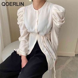 Chic Puff Sleeve Tie Shirt Women O-Neck Single-Breasted Long White Blouse Female Elegant Lace Up Tops Shirts Blue 210601