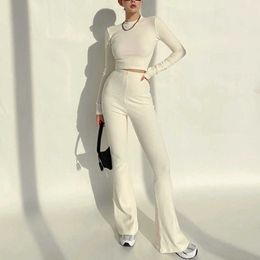 Women High Neck Ribbed Crop Top And Stretch Waist Flare Rrousers Co-ord Korean Sweater Tops + Pants Set QW54 210603