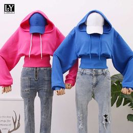 LY VAREY LIN Autumn Crop Hoodies Casual Loose Long Sleeve Drawstring Solid Elastic Fitted Waist Slim Short Hooded Tops 210526