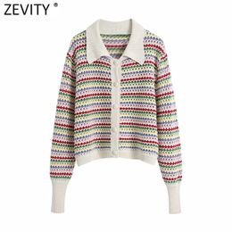 Zevity Women Rainbow Striped Print Hollow Out Crochet Knitted Sweater Coat Female Chic Breasted Jacquard Cardigan Tops SW803 210918