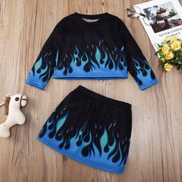 2021 Fashion Baby Clothes Sets Spring Autumn 2pcs Girls Outfits Blue Flame Round Collar Long Sleeve Middle Child Suit Skirt Kids Clothing
