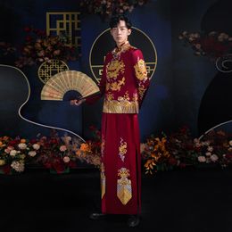 Ancient ethnic costumes male red cheongsam Chinese style groom dress jacket long gown traditional China Qipao for Mens