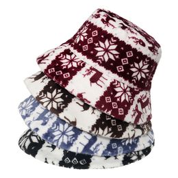 Warm Panama Caps Outdoor Christmas deer Snow Printed Faux Fur Winter Bucket Hat For Women Men Xmas Plush Hat Gifts