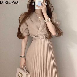 Korejpaa Women Dress Summer Korean Chic French Elegant Temperament Suit Collar Tie Waist Thin Puff Sleeve Pleated Vestidos 210526