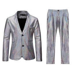 Mens Stage Prom Suits Silver Plaid Sequins Jacket with Pants Dance Festival Christmas Halloween Party Suit Men Costume Homme XL X0909