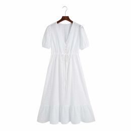 Women Summer White V-Neck Dress Short Sleeve Buttons Bow Tie Casual Female Elegant Party A-Line Dresses Vestidos 210531