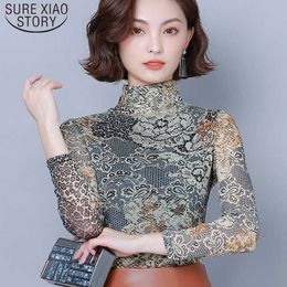 Autumn Blusas Mujer De Moda Print Base Women Shirt Long Sleeve Slim Women Blouses and Tops Turtleneck Plus Size 6512 50 210527
