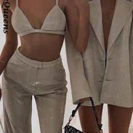Sexy Glitter Sleeveless Crop Top Bra Pants Set Women Summer High Waist Bodycon Straight Trouser Suits 220315
