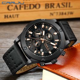 LMJLI - reloj hombre CRRJU Fashion Watch Men Six-pin Chronograph Leather Waterproof Quartz Wristwatches Men's Outdoor Sports Watches