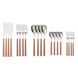 20pcs Stainless Steel Cutlery Set Dinnerware Imitation Wooden Handle Table Knife Fork Tea Spoon Travel Tableware Silverware Gift 211112