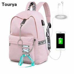 Women Tourya Backpack Fashion Waterproof School Bags For Teenagers Girls USB Charge Bow Travel Rucksack Laptop Bagpack Mochila 202211