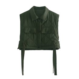 TRAF Women Green Pocekts Quilting Cropped Vests Fashion Side Buttons Tie Turn-down Collar Waistcoat Streetwear 210909