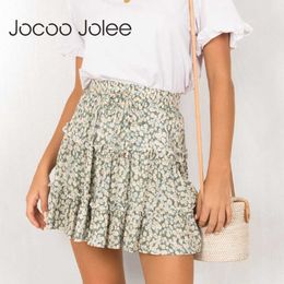 Jocoo Jolee Sexy High Waist Ruffles Skirt for Women Floral Print Beach A Line Skirt Cotton Beach Short Pleated Skirt Plus Size 210619