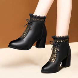 2021 Winter Shoes Gauze Ruffles Ankle Boots Bling High Heels Dress Shoes Square Heeled Booties Butterfly botas mujer Black 8792N