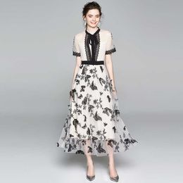 Sexy Bow Neck Women Vintage 3D Butterfly embroidery Dress Summer Sweet Lace Trim patchwork Casual Long es 210529