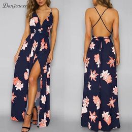 Danjeaner Boho Floral Deep V neck Backless Sexy Dress Split Cross Lace Up Chiffon Summer Beach Long Dress Sleeveless Maxi Dress X0521