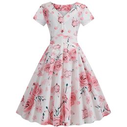 Summer Floral Print Elegant A-line Party Dress Women Slim White Short Sleeve Swing Pin up Vintage Dresses Plus Size Robe Femme