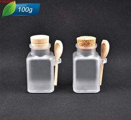 Free Shipping 100g/ml Frosted Plastic Empty Quadrate Bottle With Wood Lid Bath Salt Smalls Powder CosmEtic Containershigh qualtity