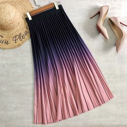 Women Midi Skirts Gradient Colour Striped Printing Pink Long Skirt High Waist Korean Casual Style A-line Girls Daily Outwear 210306