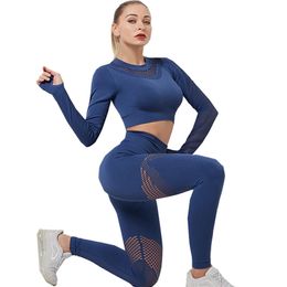 2 Piece Gym Set Women Hollow Out Yoga Long Sleeve Top High Waist Tight Leggings Workout Clothes Sport Wear Fitness 210802