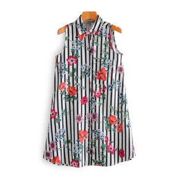 women fashion flower print striped shirt dress chic women sleeveless vest vestidos casual straight mini dresses DS3683 210603