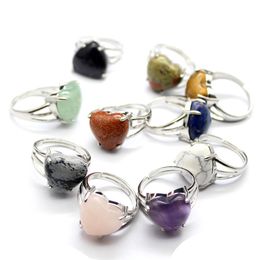 Lovely Natural stone Heart Ring for Women Adjustable Silver Color Amethysts Opal Pink Crystal Finger Rings Wedding Jewelry