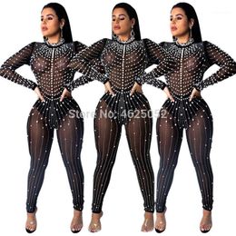 Women's Jumpsuits & Rompers Diamond And Pearl Sheer Mesh Jumpsuit Women Sexy Long Sleeve Night Club Party Romper Female Sheath Outfits Plus