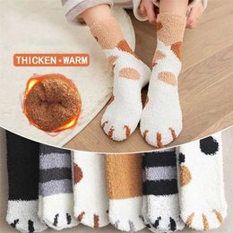 4 Pairs Women's/Men's Winter Warm Cat Paw Socks Cartoon Animal Soft Velvet Funny Sock Kawaii Fashion Floor Happy Sleeping Socks 211204