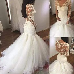 Sirena sposatura splendide abiti maniche lunghe applique in pizzo sweep bottoni coperti per illusione su misura per abiti da sposa