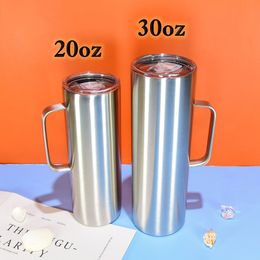 Straight Tumbler with handle 20oz 30oz Silver Glossy tumblers sealed lid Stainless Steel Travel mugs Double Insulated Portable Water beer tea drinking Bottles