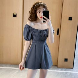 Summer Solid Color Pleated Playsuit Women Short Puff Sleeve High Waist Wide Leg Shorts Overalls Rompers 210529