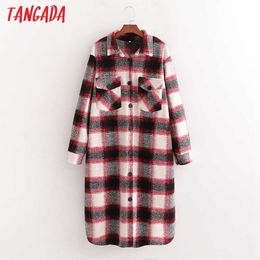 Tangada Women Winter Elegant Red Plaid Pattern Woollen Coat Loose Pockets Female Outerwear Chic Overcoat 1D26 210609