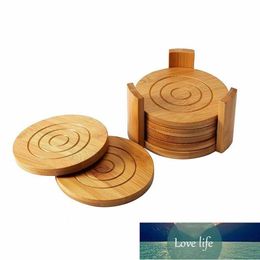 Pads 6-Pack Set Bamboo Wooden Coaster with Holder, Round Cup Coasters, Tan